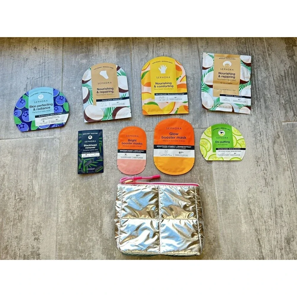 SEPHORA COLLECTION Set of 8 Face & Body Masks & Zipper Silver Makeup Bag NEW